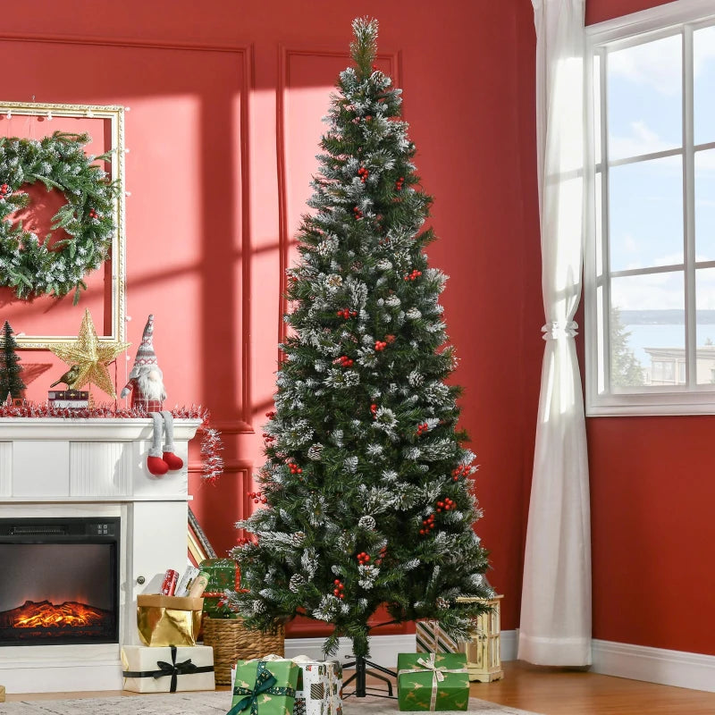 HOMCOM Christmas Tree Snow Dipped Slim 7' with Pine Cones & Berries