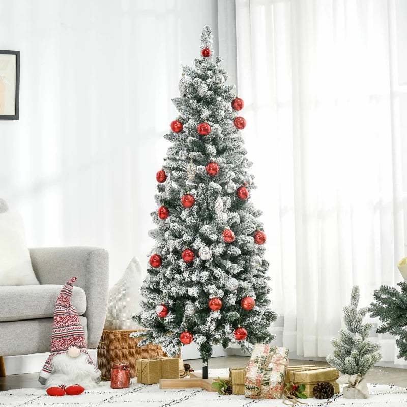 HOMCOM Christmas Tree Snow Flocked Slim 5' with Pinewood Base