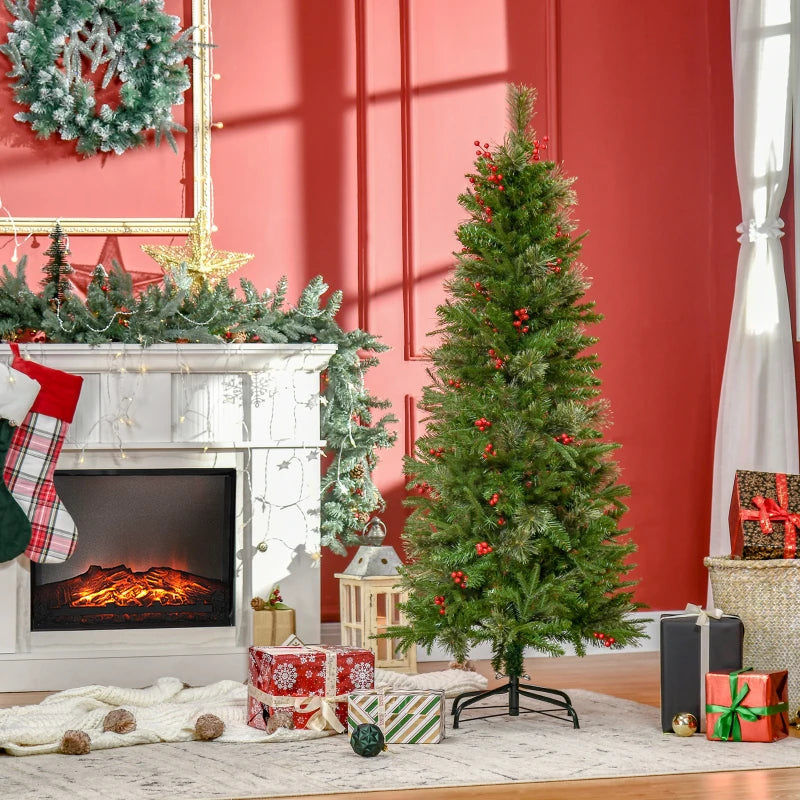 HOMCOM 1.5m Christmas Tree Slim 5' with Berries