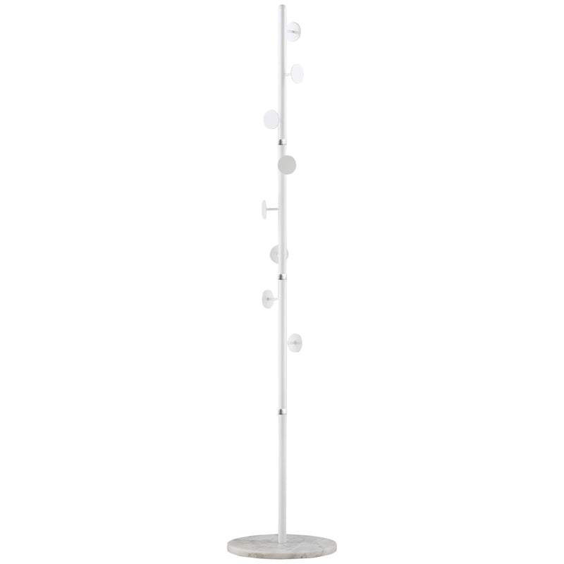 HOMCOM Steel Coat Stand Rack Marble Base 8 Hook for Living Room Entryway,White