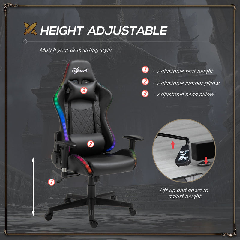 Vinsetto Gaming Chair with RGB LED Light 2D Arm Lumbar Support Swivel Office Computer Recliner Racing Gamer Desk Chair for Home - Black