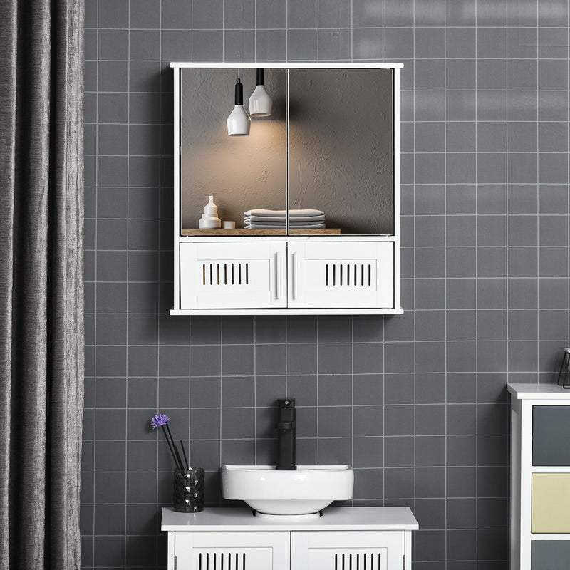 kleankin Bathroom Mirror Cabinet Wall Mounted Storage Cupboard with Double Doors and Adjustable Shelf Bathroom Organizer White Unit Doors