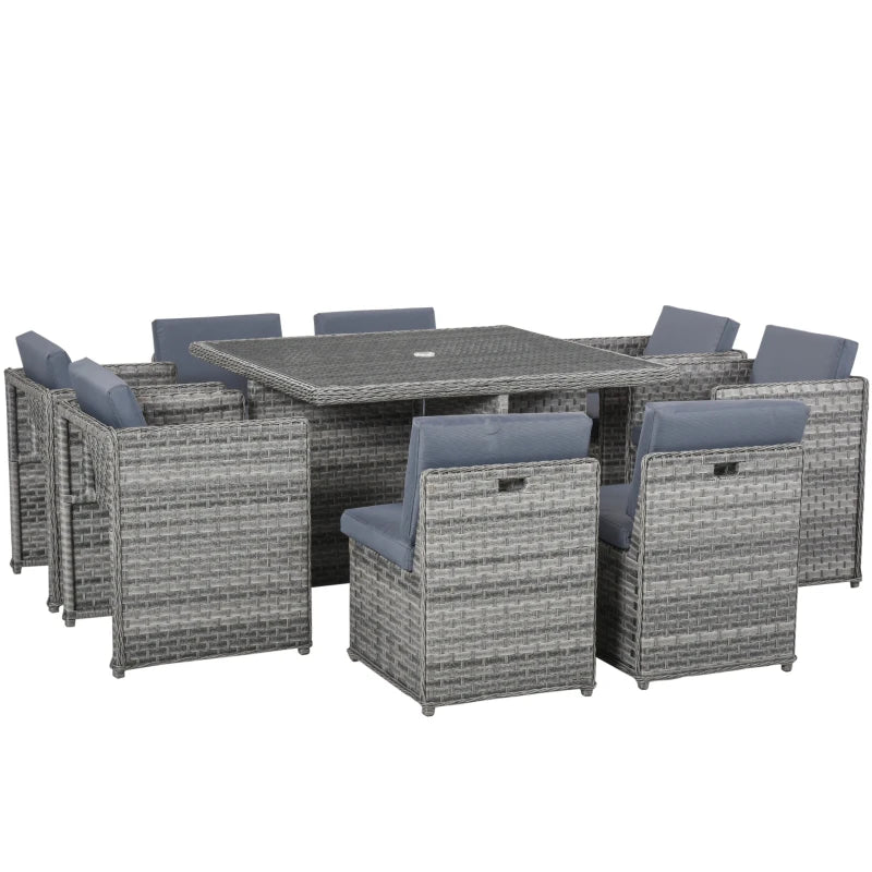 Outsunny 9 Pieces PE Rattan Cube Garden Furniture Set with Cushions, Outdoor Dining Table Set with 4 Armchair, 4 Single Seat, and Glass Top Table w/ Umbrella Hole, Mixed Grey