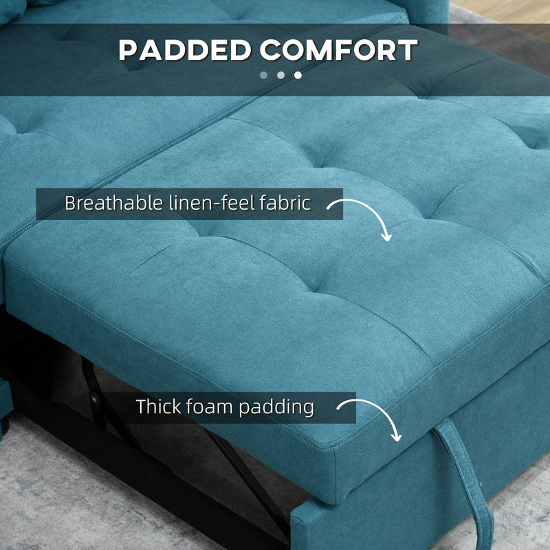 HOMCOM 2 Seater Sofa Bed Convertible Bed Settee With Cushions, Pockets, Blue