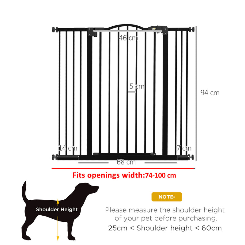 PawHut 74-100cm Adjustable Metal Pet Gate Safety Barrier w/Auto-Close Door Black