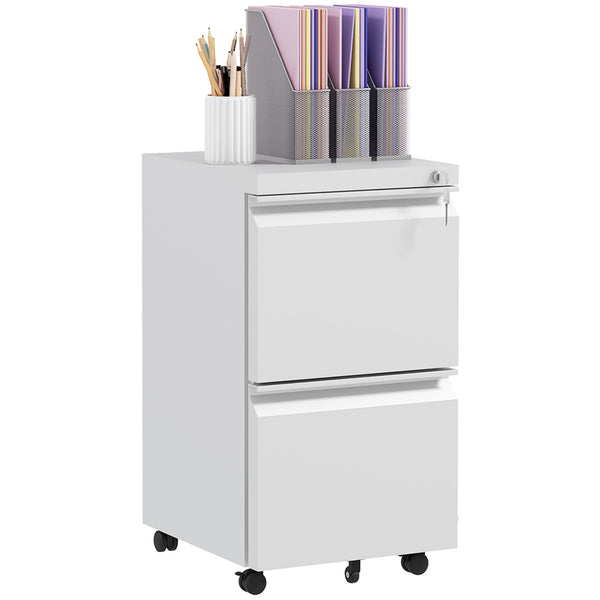 Vinsetto White 2-Drawer Mobile Filing Cabinet on Wheels, Steel Lockable File Cabinet with Adjustable Hanging Bar for Letter, A4 and Legal Size