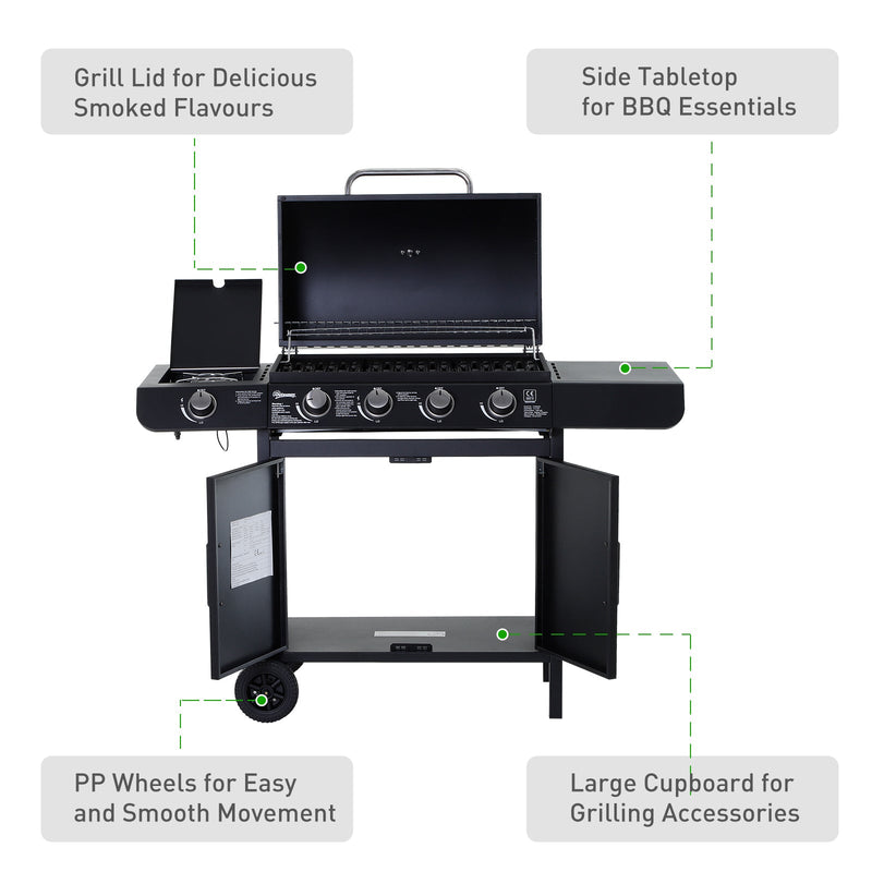 Outsunny 4+1 Gas Burner Grill BBQ Trolley Backyard Garden Smoker Side Burner Barbecue w/ Storage Side Table Wheels