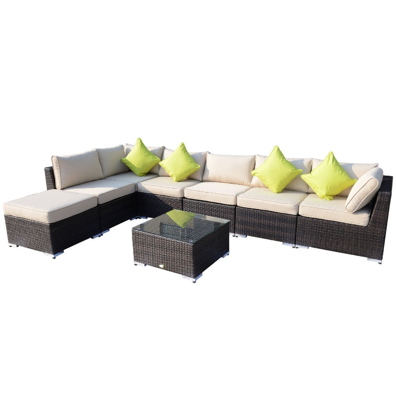 Outsunny 8 Pieces PE Rattan Corner Sofa Set with Thick Cushions, Aluminium Outdoor Rattan Garden Furniture Set with Glass Top Table, No Assembly Required, Mixed Brown