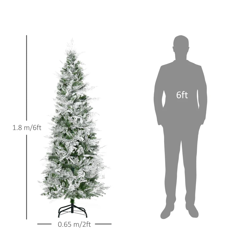HOMCOM Christmas Tree Pencil Snow Flocked 6' with Realistic Cypress Branches