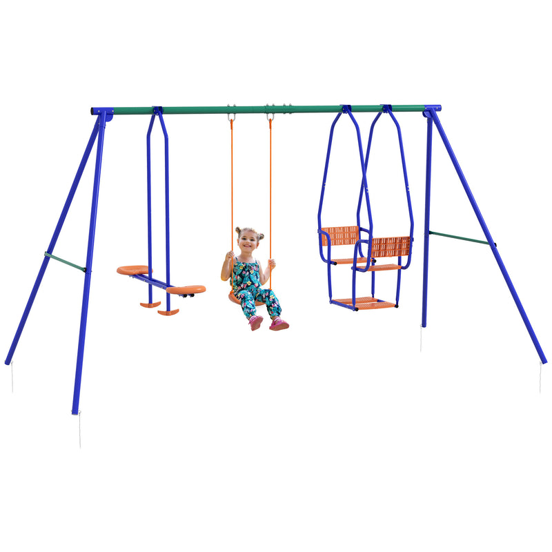 Outsunny 3 in 1 Metal Kids Swing Set with Swing, Glider, Rocking Chair, Orange