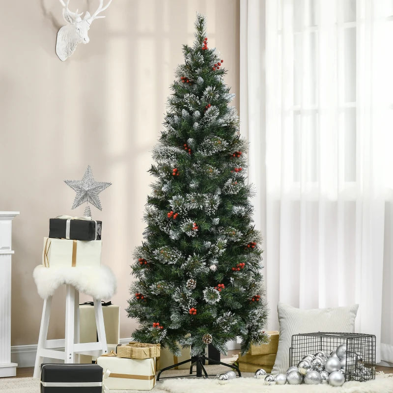 HOMCOM Christmas Tree Snow Dipped Slim 6' with Pine Cones & Berries
