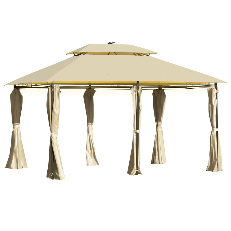 Outsunny 4 x 3(m) Outdoor Gazebo Canopy Garden Pavilion w/ LED Solar Light Khaki