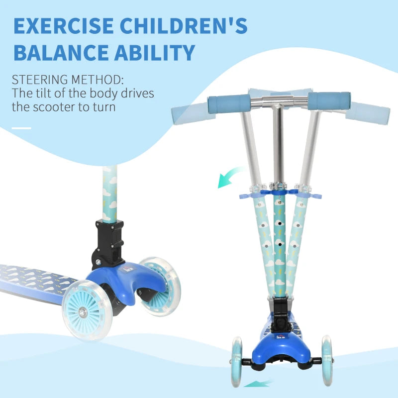 HOMCOM Childrens Foldable 3 Wheel Scooter with Flashing Lights - Blue