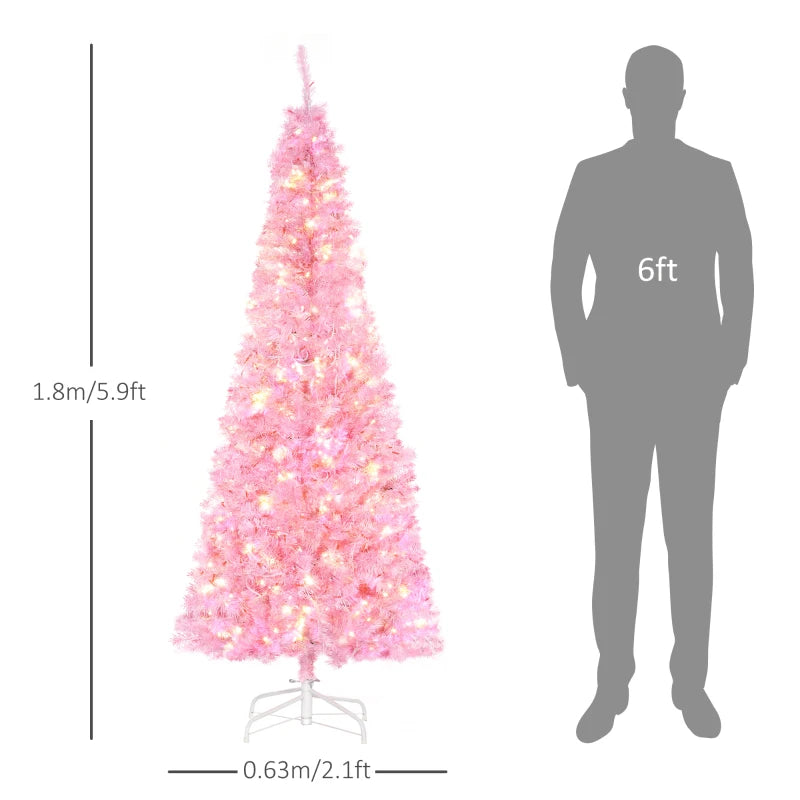 HOMCOM Christmas Tree Slim Pink 6' with 300 Warm White LED Lights