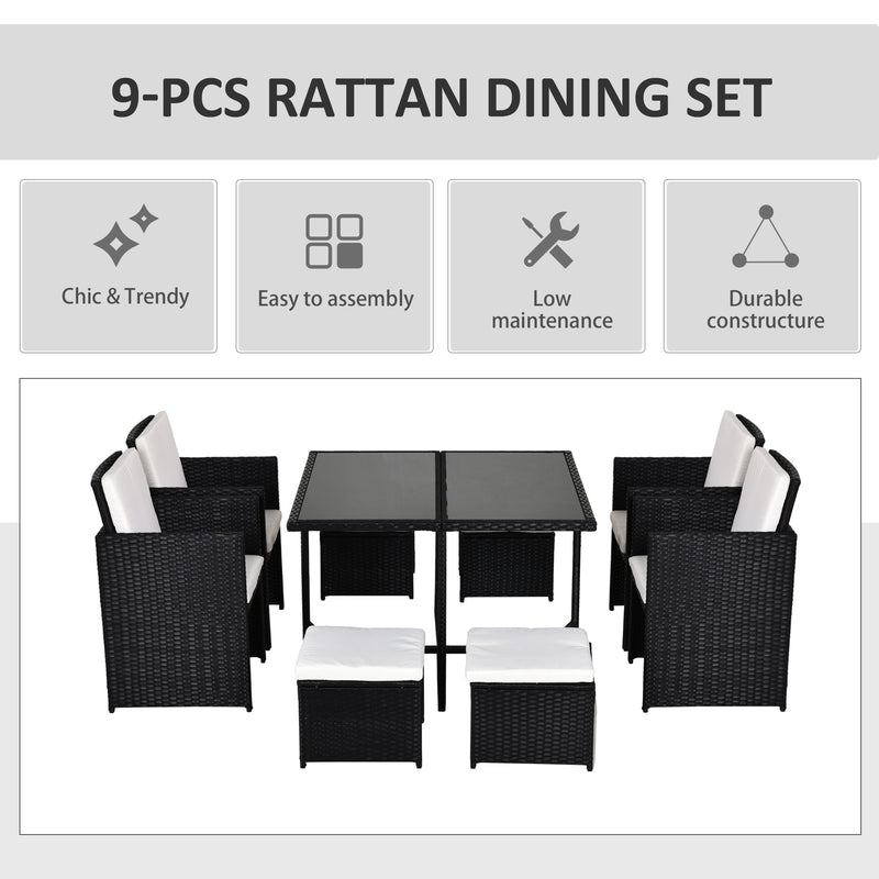 Outsunny 9 Pieces PE Rattan Cube Garden Furniture Set with Cushions, Outdoor Dining Table Set with 4 Armchair, 4 Stool, and Square Glass Top Table, Black