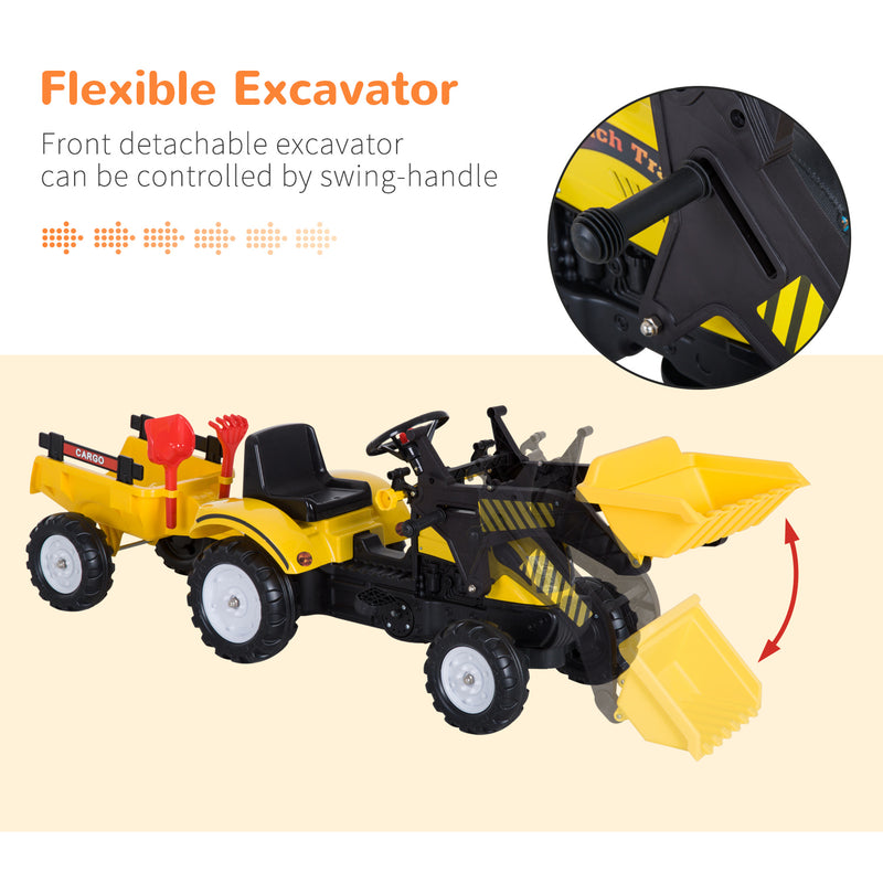 HOMCOM Kids Excavator with Pedals and Trailer - Yellow