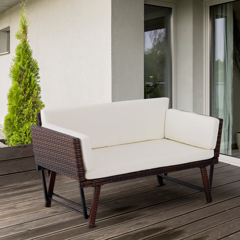Outsunny 2 in 1 Rattan Folding  daybed sofa bench Bench  with Cushion Outdoor - Brown