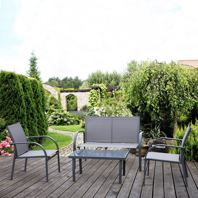 Outsunny 4 Pcs Curved Steel Outdoor Furniture Set w/ Loveseat , 2 Texteline Seats,Glass Top Table Garden Balcony Patio Furniture For Family Party Events Guests -Grey 13 global ratings