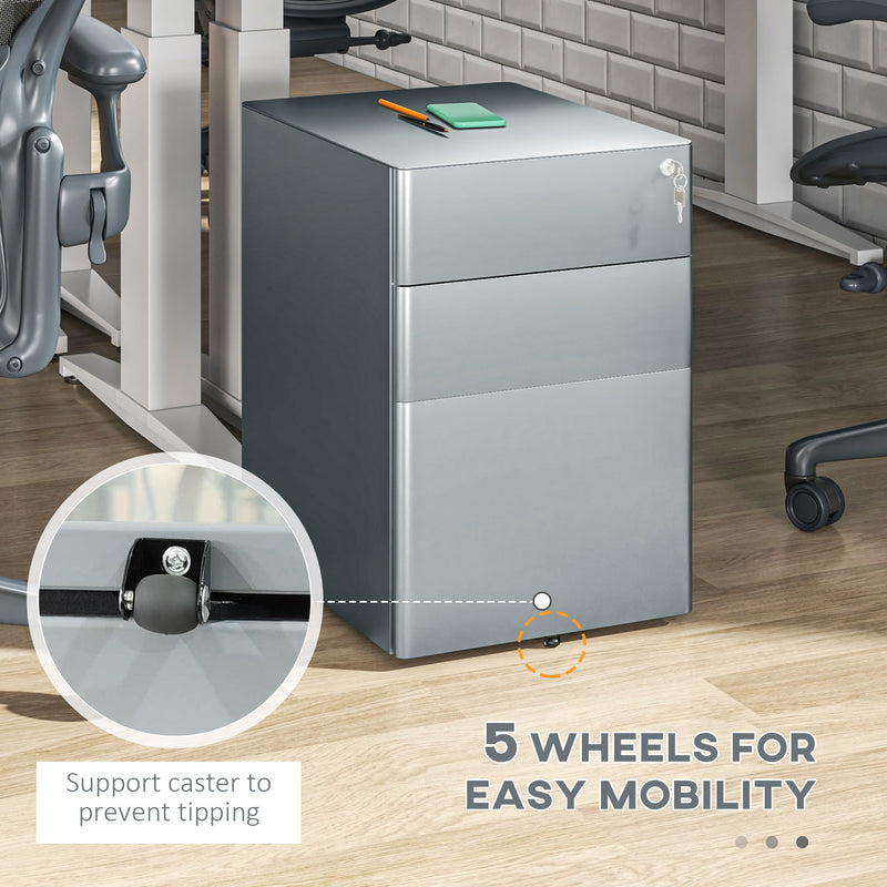 Vinsetto 3 Drawer Metal Filing Cabinet Lockable 5 Wheels Compact Under Desk Grey