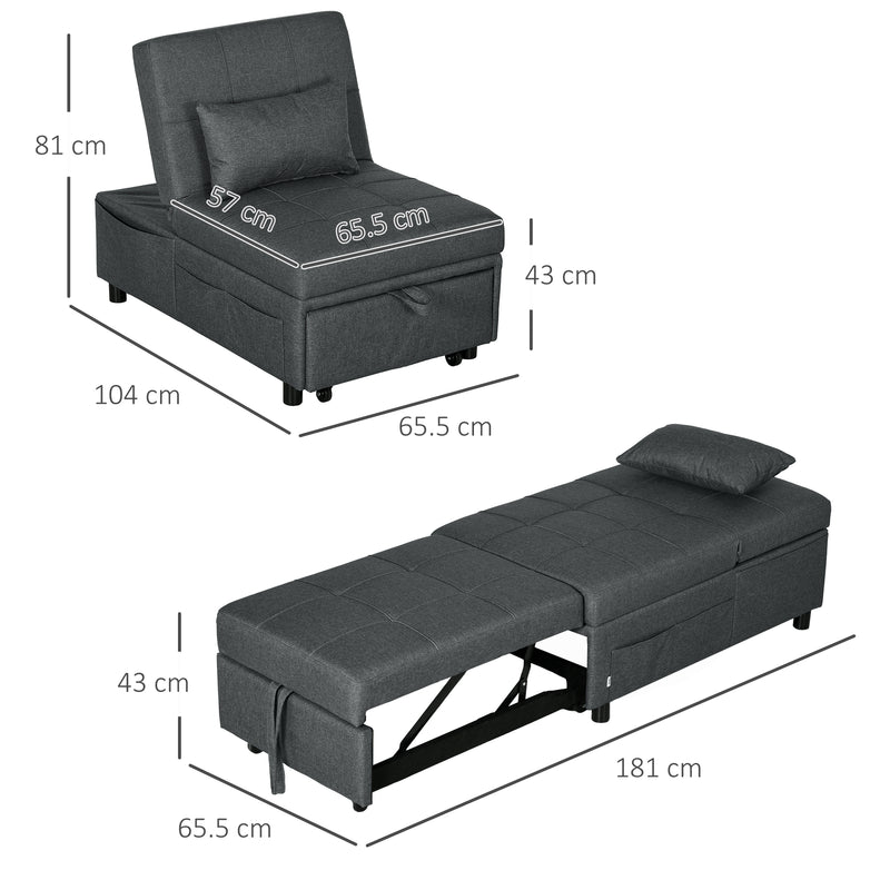 HOMCOM Folding Sofa Bed Adjustable Single Sleeper W/ Pillow Side Pocket, Grey