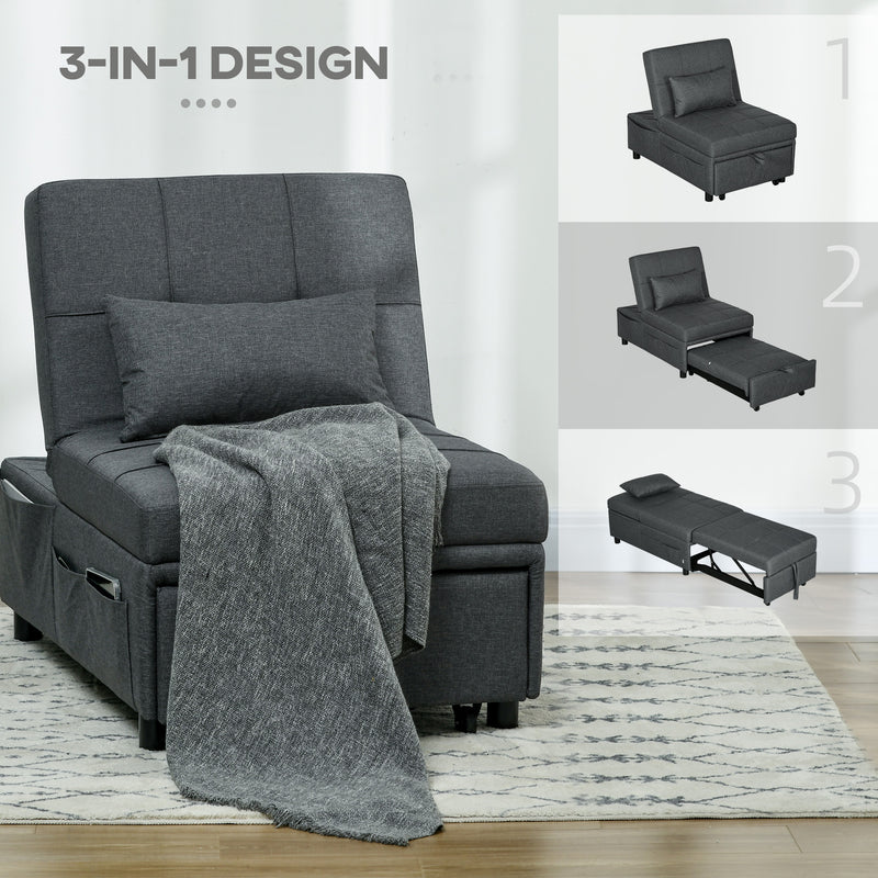 HOMCOM Folding Sofa Bed Adjustable Single Sleeper W/ Pillow Side Pocket, Grey