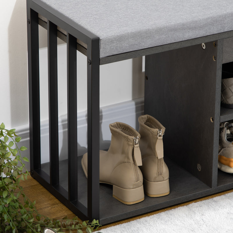 HOMCOM Upholstered Entryway Shoe Bench with Storage Open Shelves, Grey
