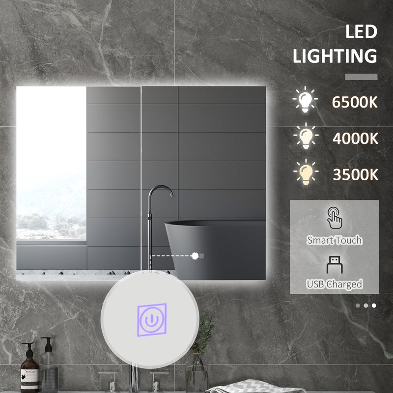 kleankin Wall Mounted Bathroom Storage Cupboard with Mirror, LED Light, USB