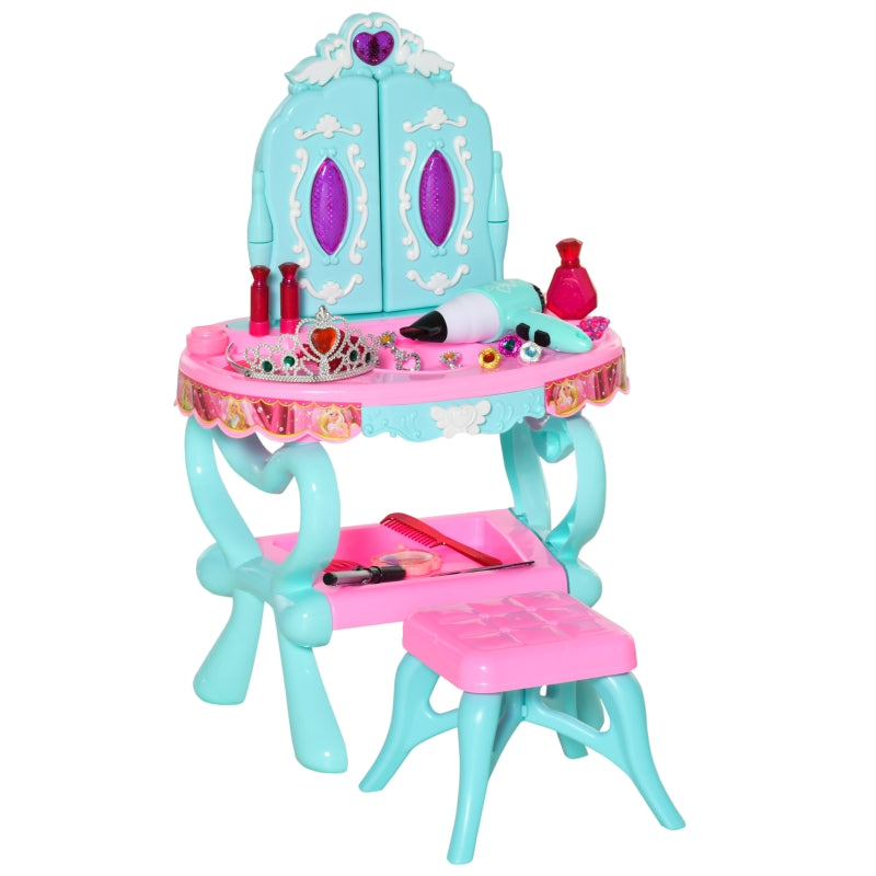 HOMCOM Children's 32 Pcs Magic Light-Up Princess Dressing Table & Stool