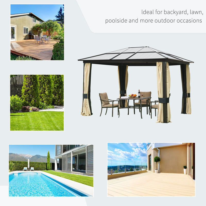 Outsunny 3 x 3.6(m) Hardtop Gazebo Canopy with Polycarbonate Roof and Aluminium Frame, Garden Pavilion with Mosquito Netting and Curtains, Brown