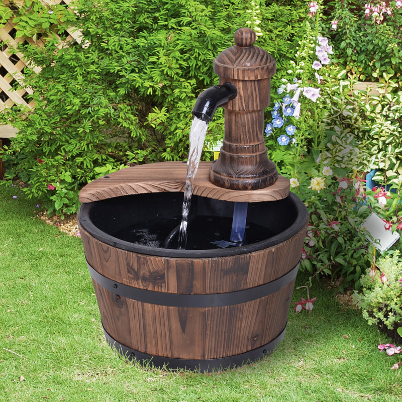 Outsunny Garden Barrel Water Fountain Patio Wood Electric Water Feature w/ Pump