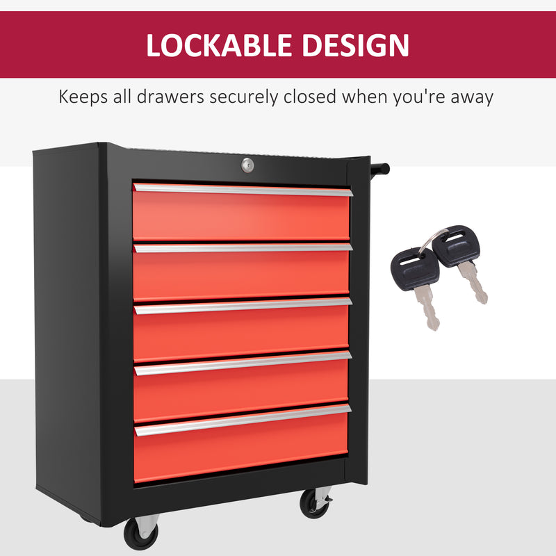 HOMCOM 5-Drawer Tool Chest Steel Lockable Tool Storage Cabinet W/ Wheels Red