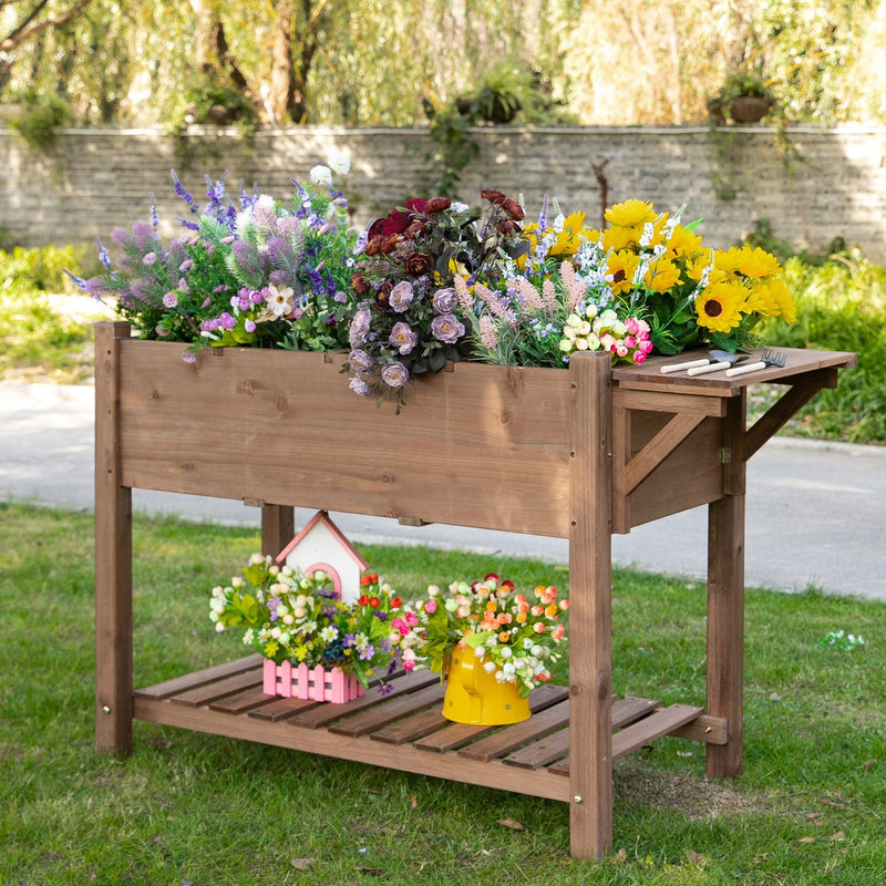 Outsunny Wooden Raised Garden Plant Stand Tall Flower Bed with Shelf 123 x 54 x 74cm