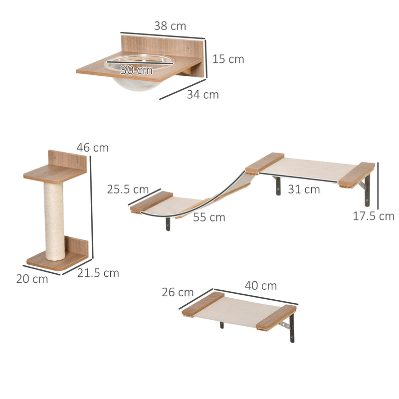 PawHut Cat Shelf Set Tree 4PCs Wall Mounted