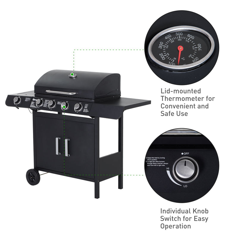 Outsunny 4+1 Gas Burner Grill BBQ Trolley Backyard Garden Smoker Side Burner Barbecue w/ Storage Side Table Wheels