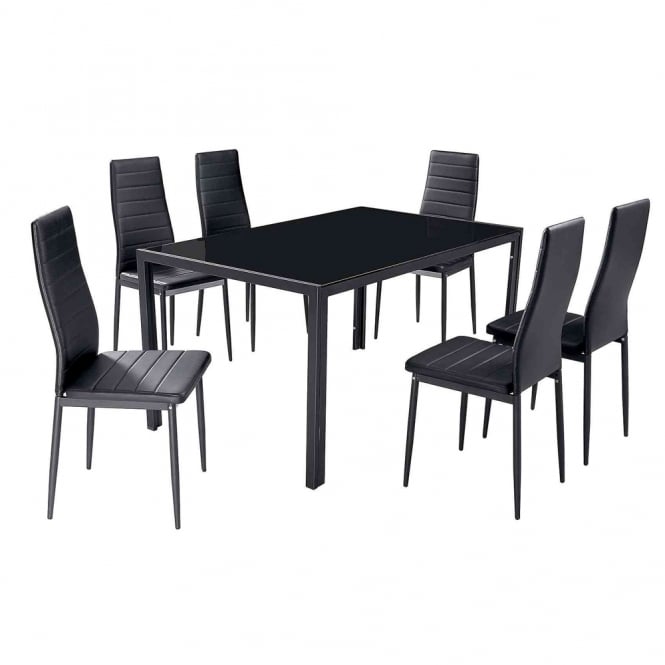Kharkov 7 Piece Black Glass Dining Table & 6 Faux Leather Chair Set Di