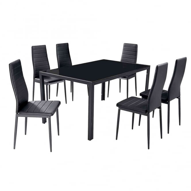 Kharkov 7 Piece Black Glass Dining Table & 6 Faux Leather Chair Set Dining Room