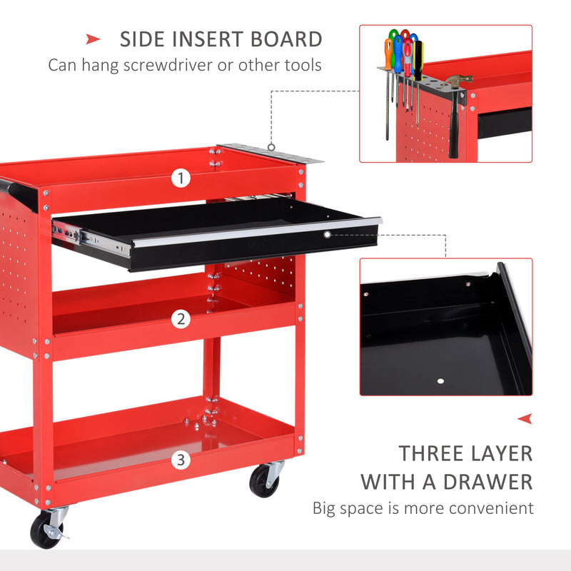 DURHAND 3-tier Tool Trolley Cart Roller Cabinet Garage Workshop With Drawer