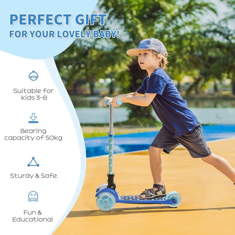 HOMCOM Childrens Foldable 3 Wheel Scooter with Flashing Lights - Blue