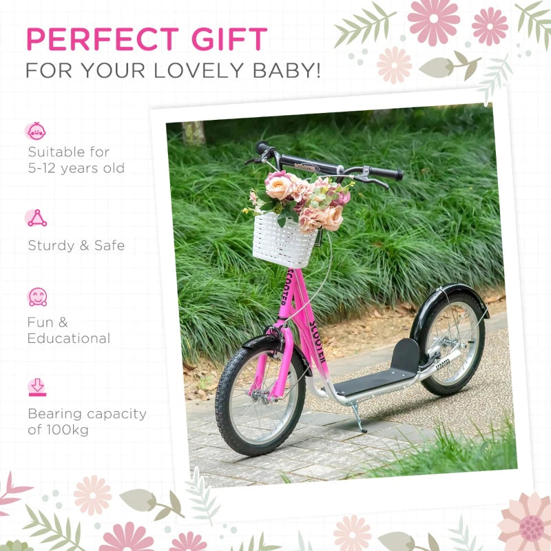 HOMCOM Childrens Scooter with Backet & Brakes - Pink