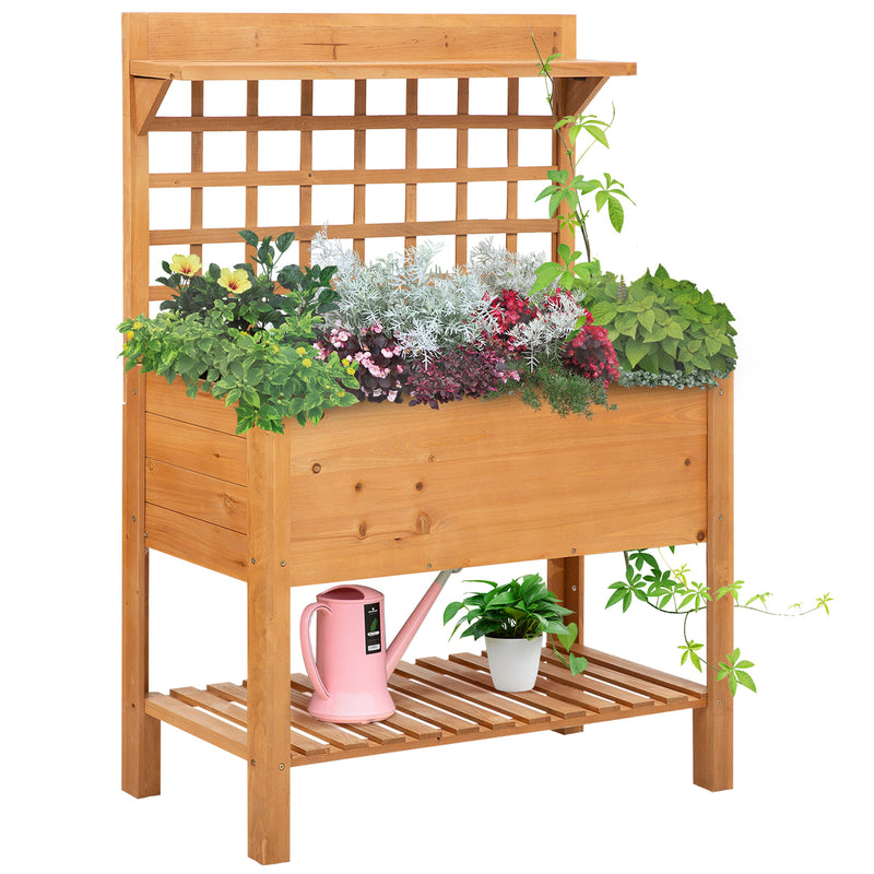 Outsunny Wooden Planter Raised Elevated Garden Bed w/ 2 Shelves, 105x40x135cm