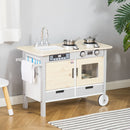 HOMCOM Kids Kitchen Play Set Cooking Toy w/ Wheels Sink for 3-5 Years Old Nature Wood