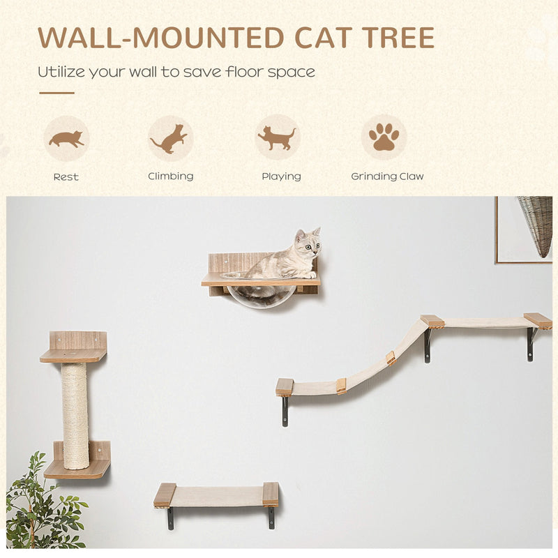 PawHut Cat Shelf Set Tree 4PCs Wall Mounted