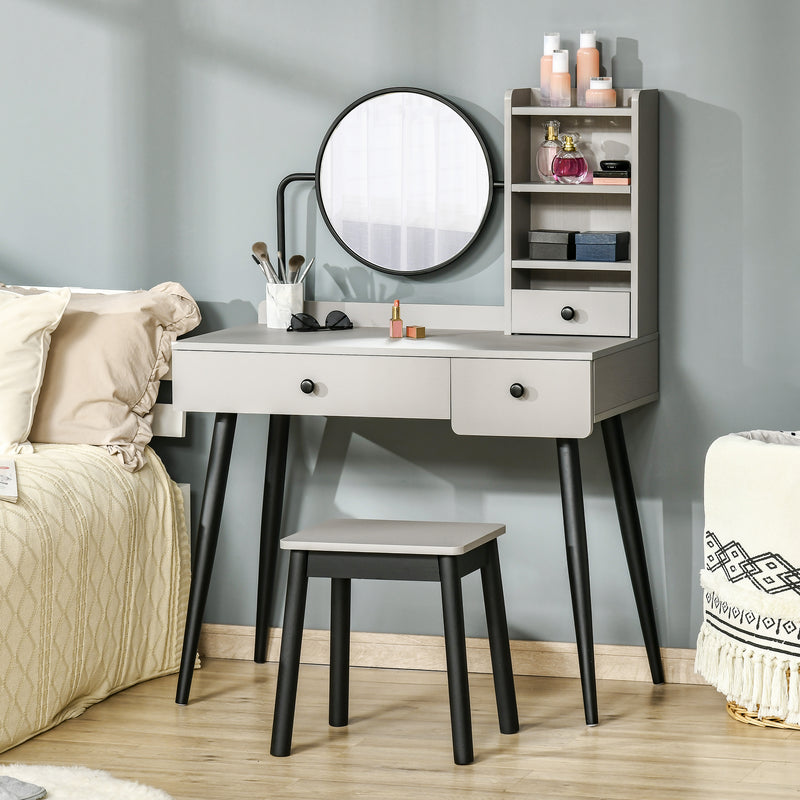 HOMCOM Dressing Table Set with 3 Drawers, Storage shelves and Stool, Grey