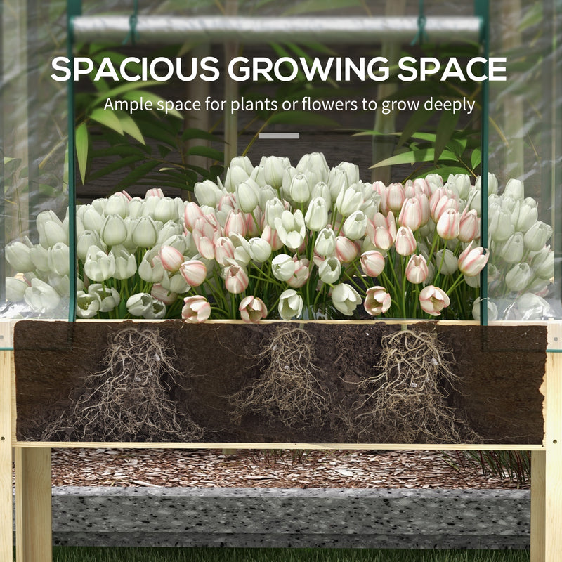 Outsunny Wooden Raised Planter, Garden Bed with Greenhouse Cover and Bed Liner