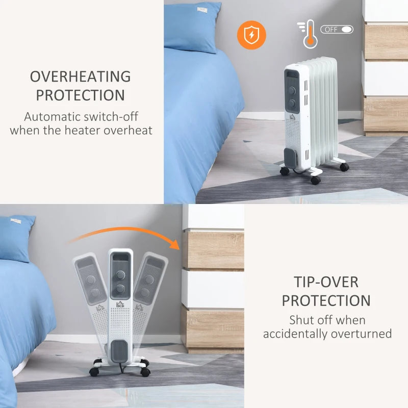 HOMCOM Oil Filled Radiator Seven Fin Portable Heater w/ Three Heat Settings, White