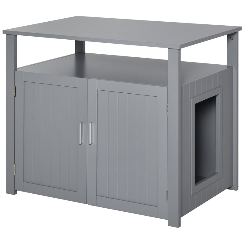 PawHut Wood Cat Litter Box Enclosure Furniture w/ Adjustable Interior Wall Grey