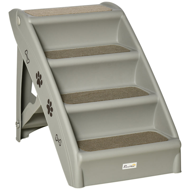 PawHut Four-Step Foldable Pet Stairs w/ Non-Slip Mats, for S, XS Dogs - Grey
