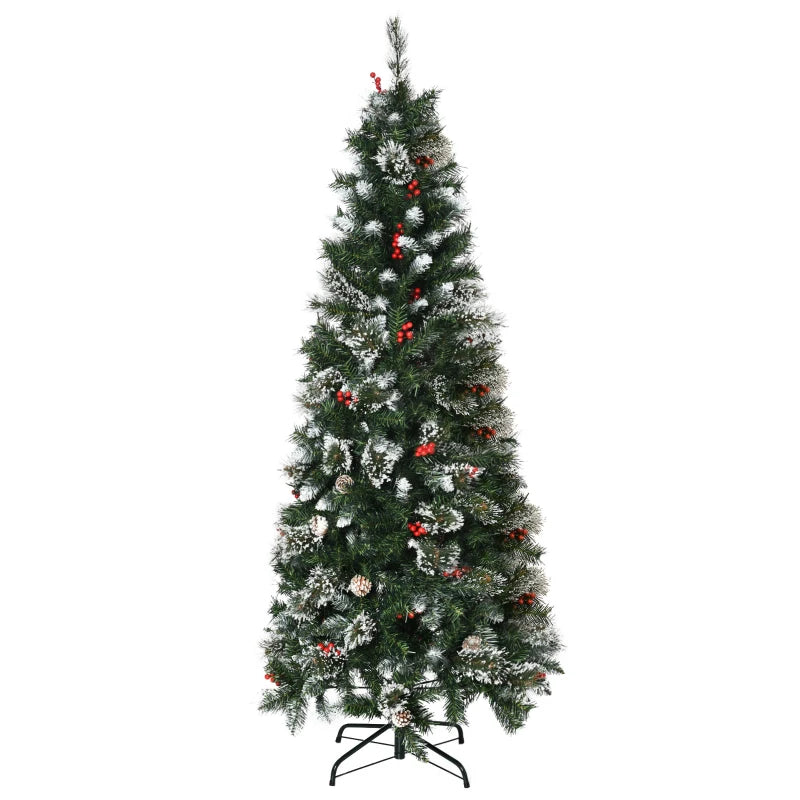 HOMCOM Christmas Tree Snow Dipped Slim 6' with Pine Cones & Berries