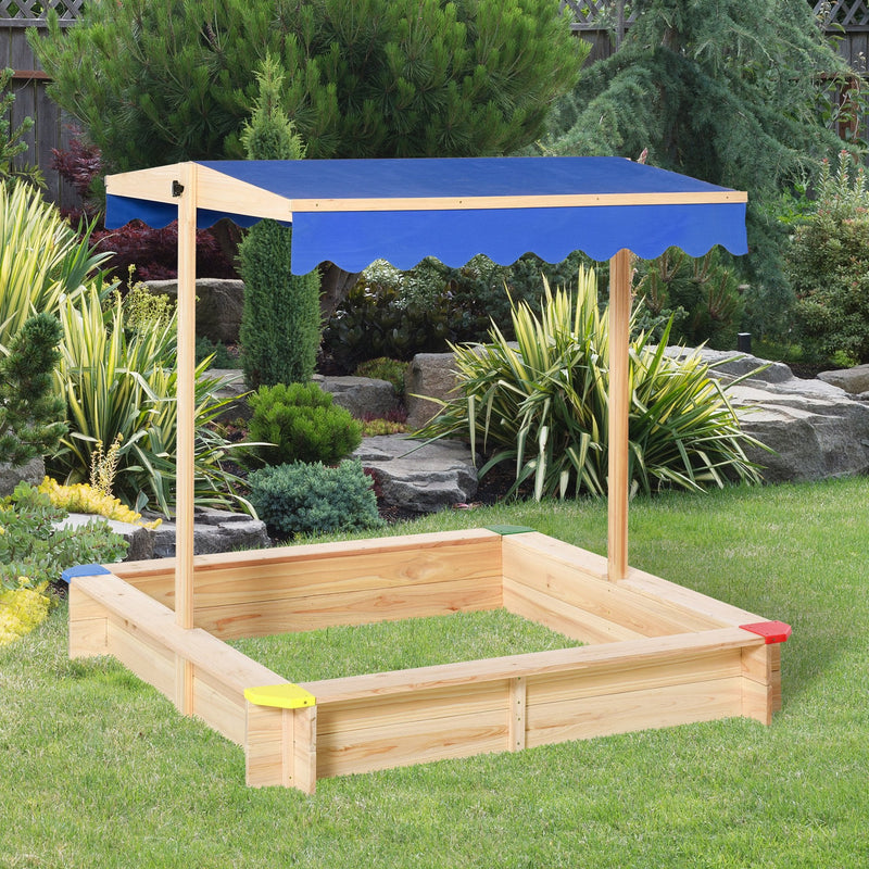 Outsunny Wooden Kids Sandbox Bottom-less design Blue Canopy