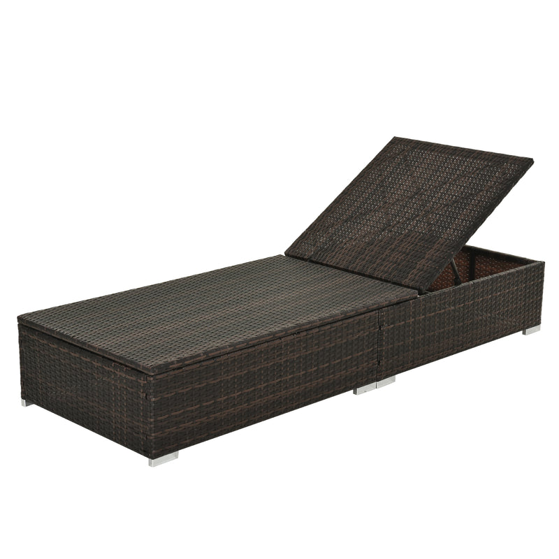 Outsunny PE Rattan Sun Lounger with Cushion, Outdoor Garden Sunbed Furniture with 5-Level Recliner Backrest, and Armrest, Brown